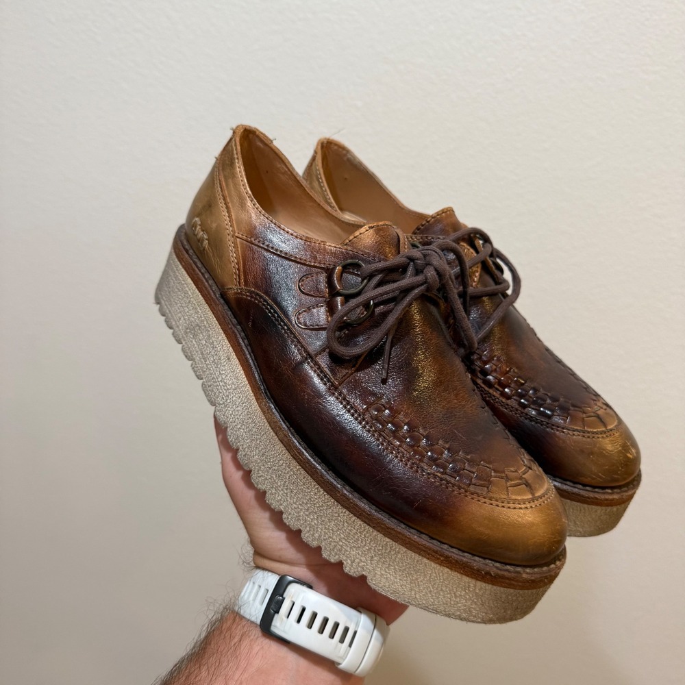 Bed Stu Lita Tan Rustic Leather Woven Platform Oxford Shoes 7.5